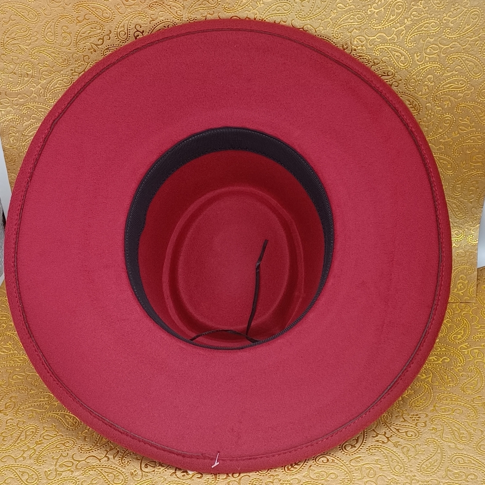 Red Wide Brim Bolero Felt Fedora Panama Hat with a Fashionable Gold Chain Accent - Picture 9 of 12